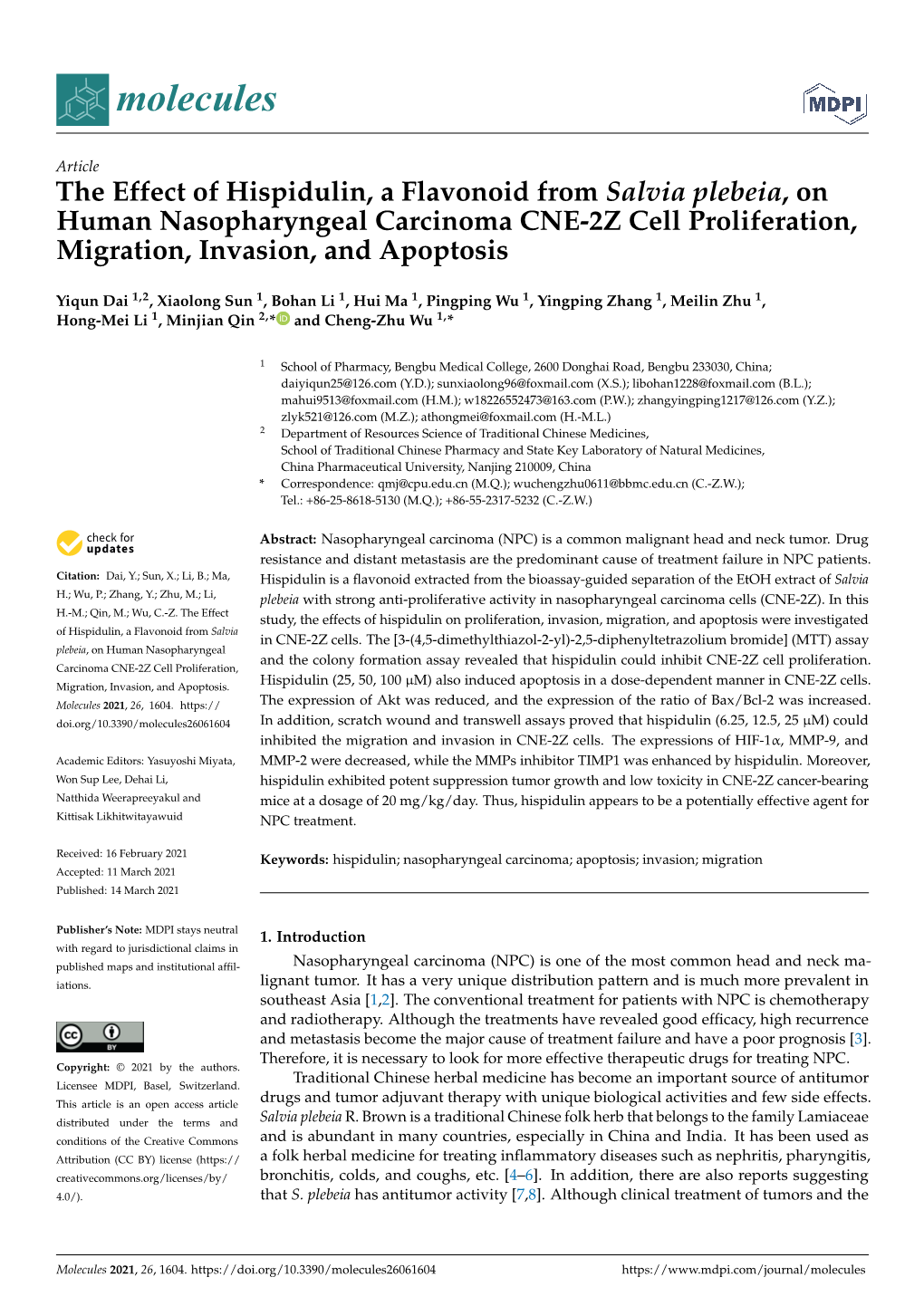 The Effect of Hispidulin, a Flavonoid from Salvia Plebeia, on Human Nasopharyngeal Carcinoma CNE-2Z Cell Proliferation, Migration, Invasion, and Apoptosis