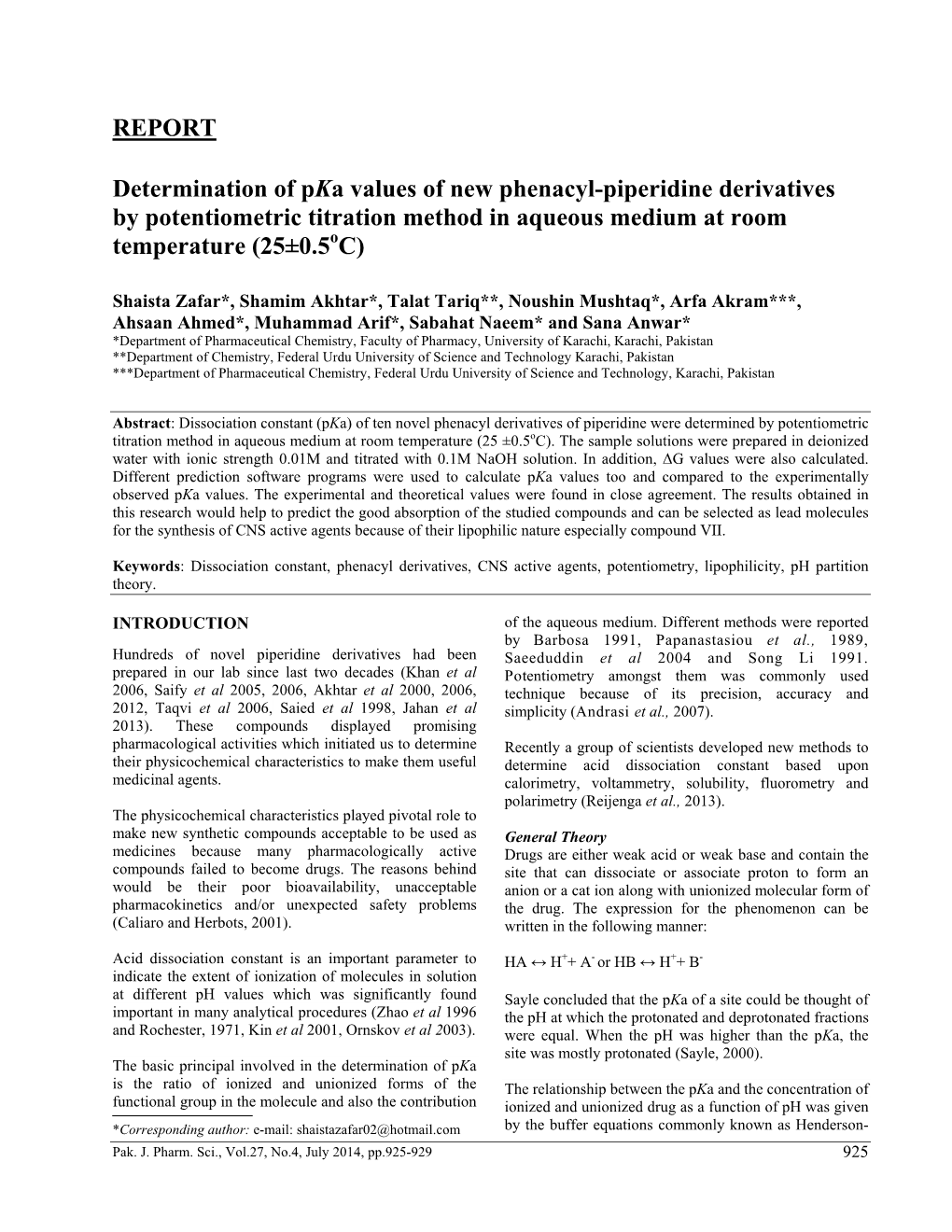 REPORT Determination of Pka Values of New Phenacyl-Piperidine Derivatives by Potentiometric Titration Method in Aqueous Medium