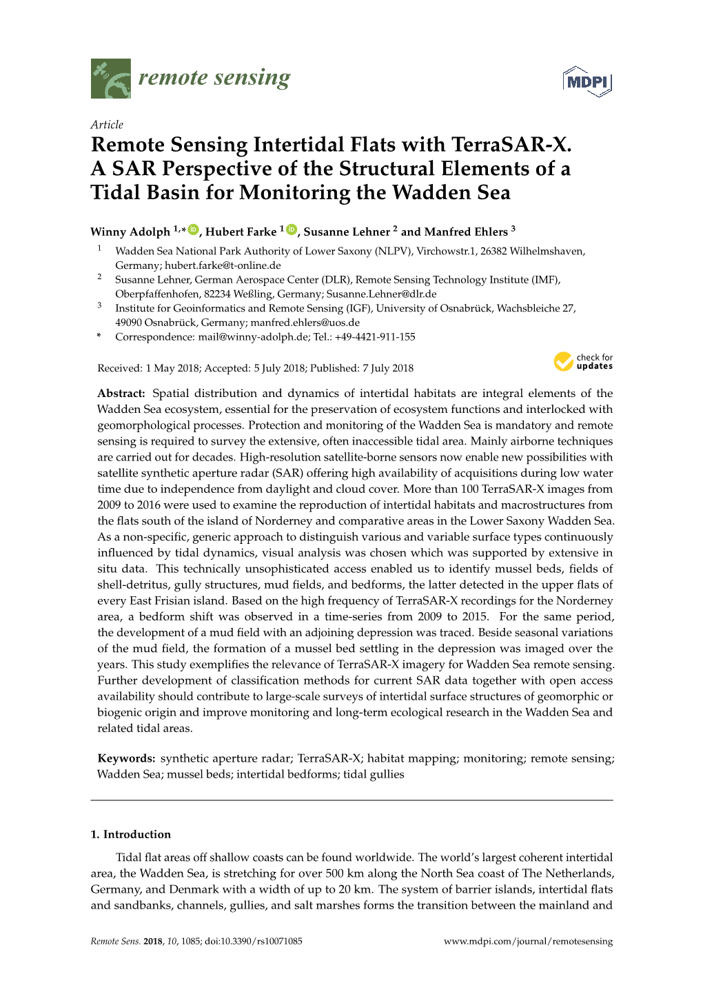 Remote Sensing Intertidal Flats with Terrasar-X. a SAR Perspective of the Structural Elements of a Tidal Basin for Monitoring the Wadden Sea