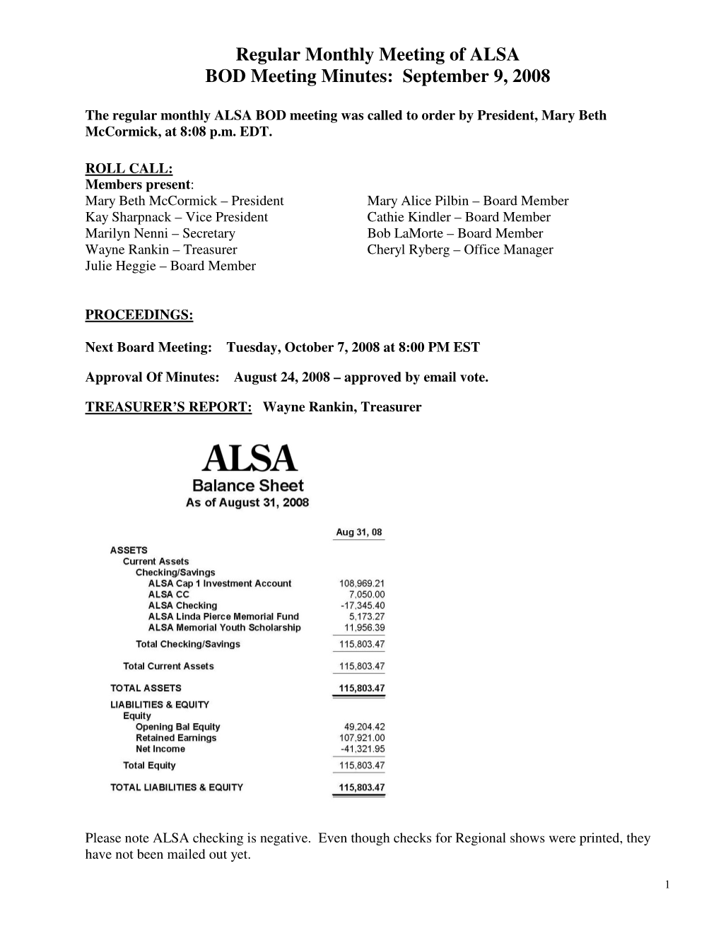 Regular Monthly Meeting of ALSA BOD Meeting Minutes: September 9, 2008