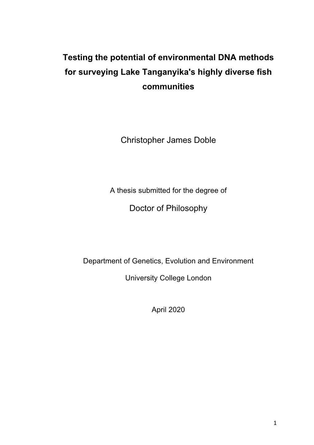 Testing the Potential of Environmental DNA Methods for Surveying Lake Tanganyika's Highly Diverse Fish Communities Christopher J