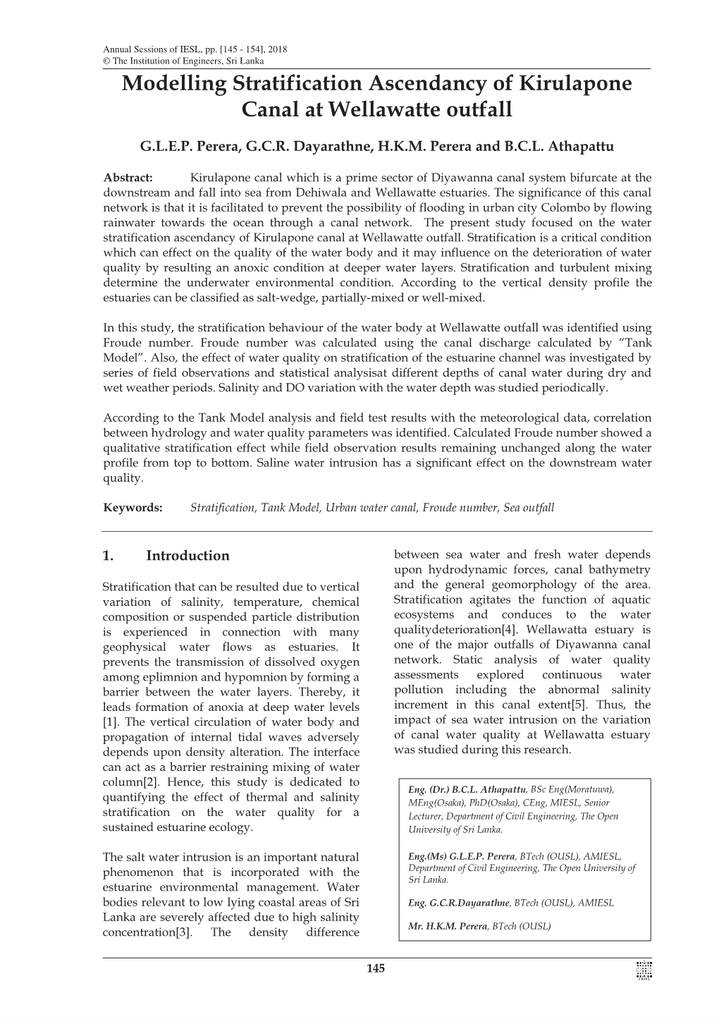 Modelling Stratification Ascendancy of Kirulapone Canal at Wellawatte Outfall