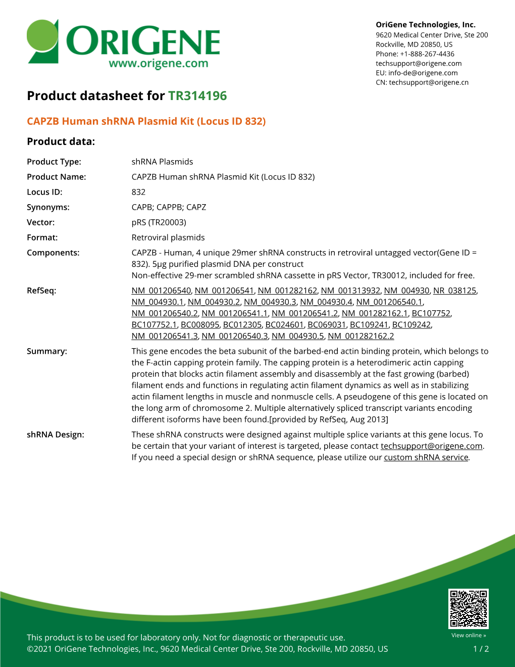 CAPZB Human Shrna Plasmid Kit (Locus ID 832) Product Data