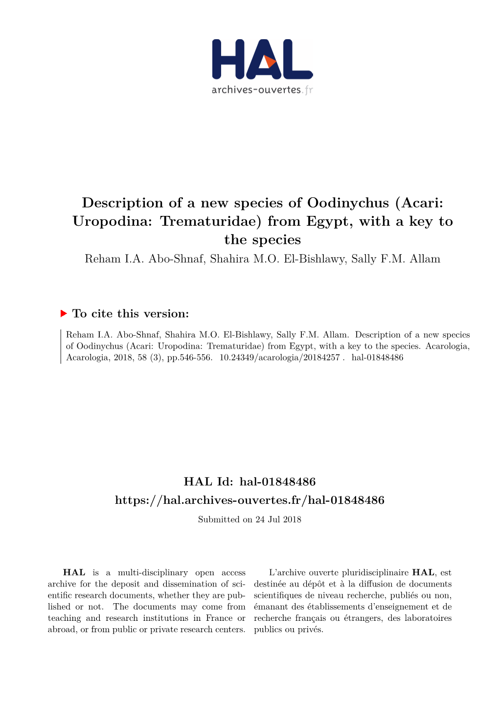 Description of a New Species of Oodinychus (Acari: Uropodina: Trematuridae) from Egypt, with a Key to the Species Reham I.A