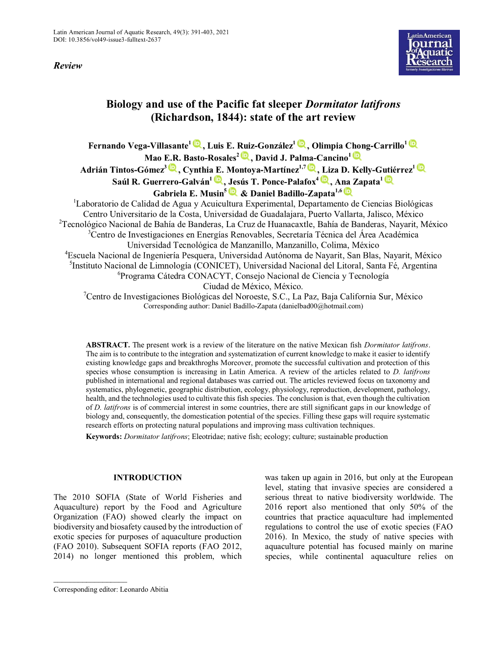 Biology and Use of the Pacific Fat Sleeper Dormitator Latifrons (Richardson, 1844): State of the Art Review