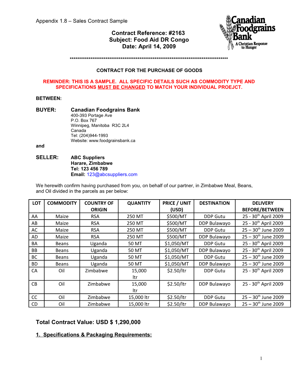 Appendix 1.8 Sales Contract Sample