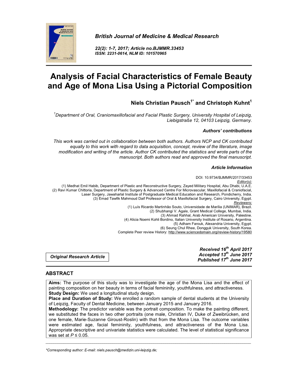 Analysis of Facial Characteristics of Female Beauty and Age of Mona Lisa Using a Pictorial Composition