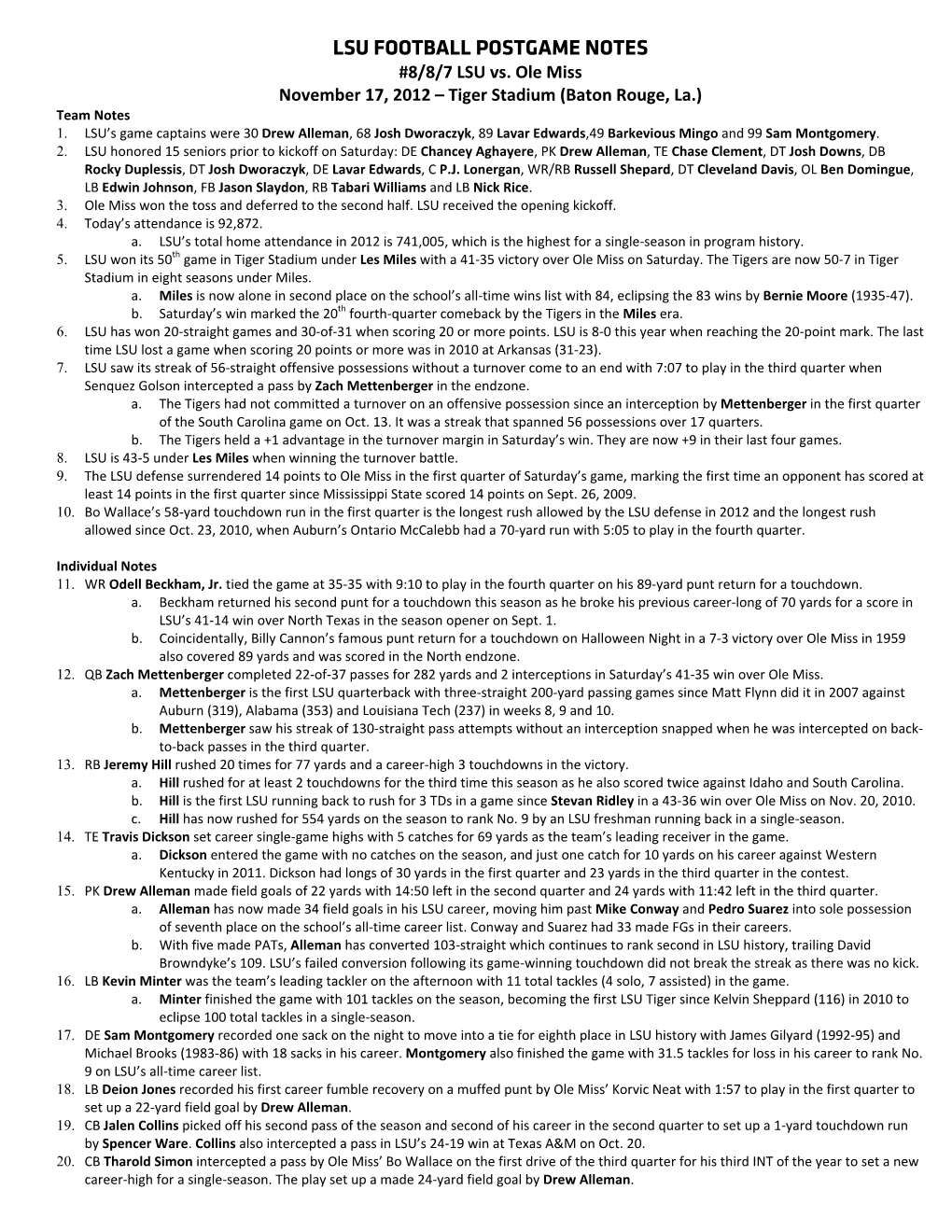 LSU FOOTBALL POSTGAME NOTES #8/8/7 LSU Vs