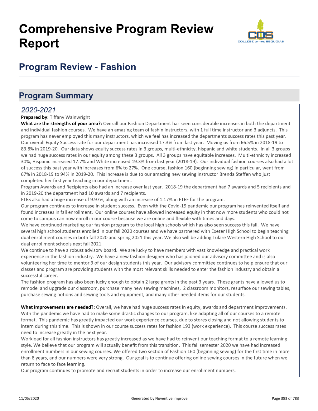 Comprehensive Program Review Report