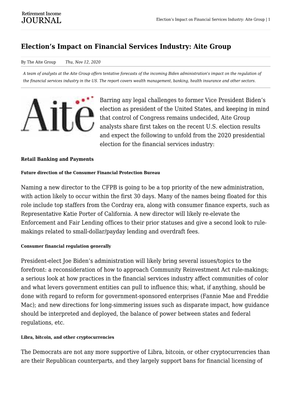 S Impact on Financial Services Industry: Aite Group | 1