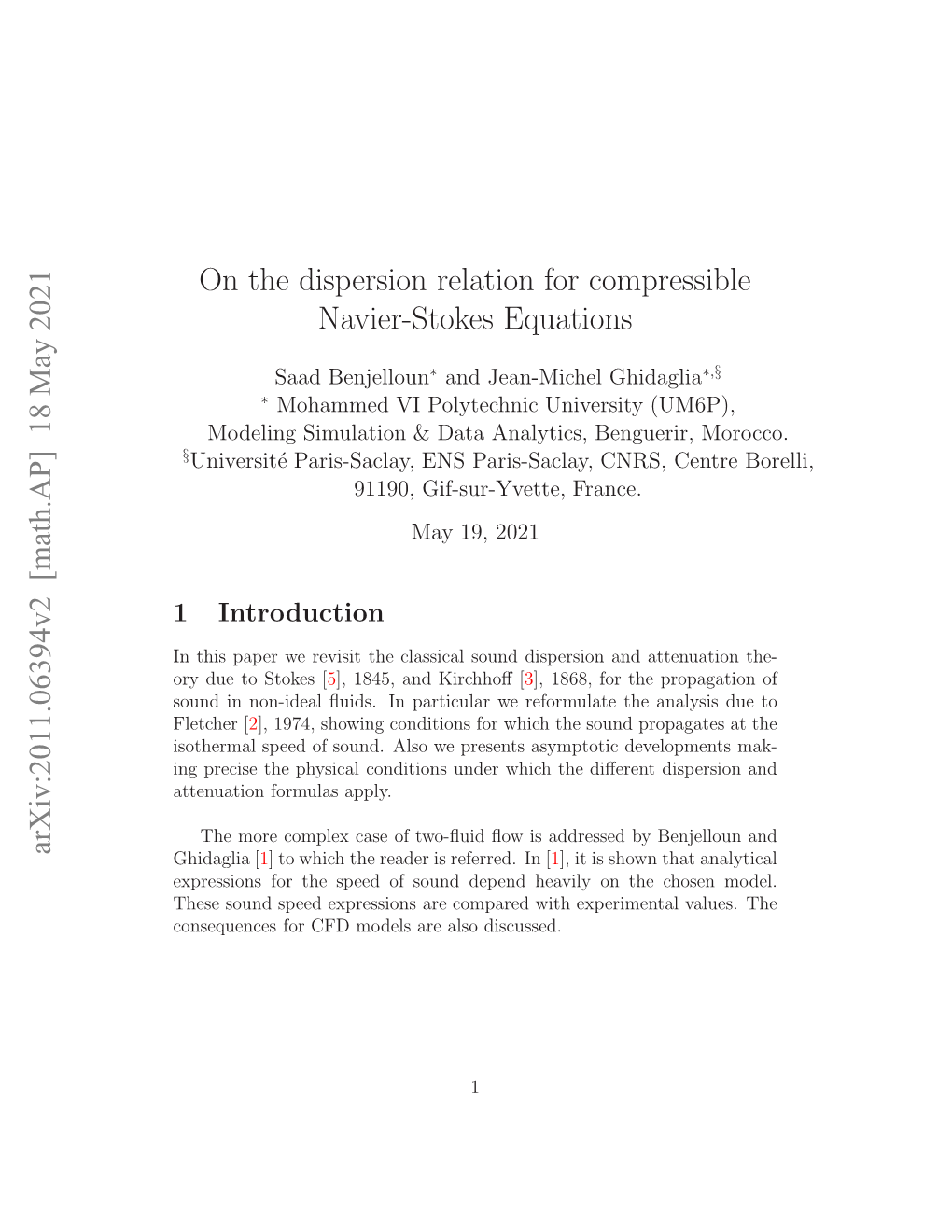 On the Dispersion Relation for Compressible Navier-Stokes