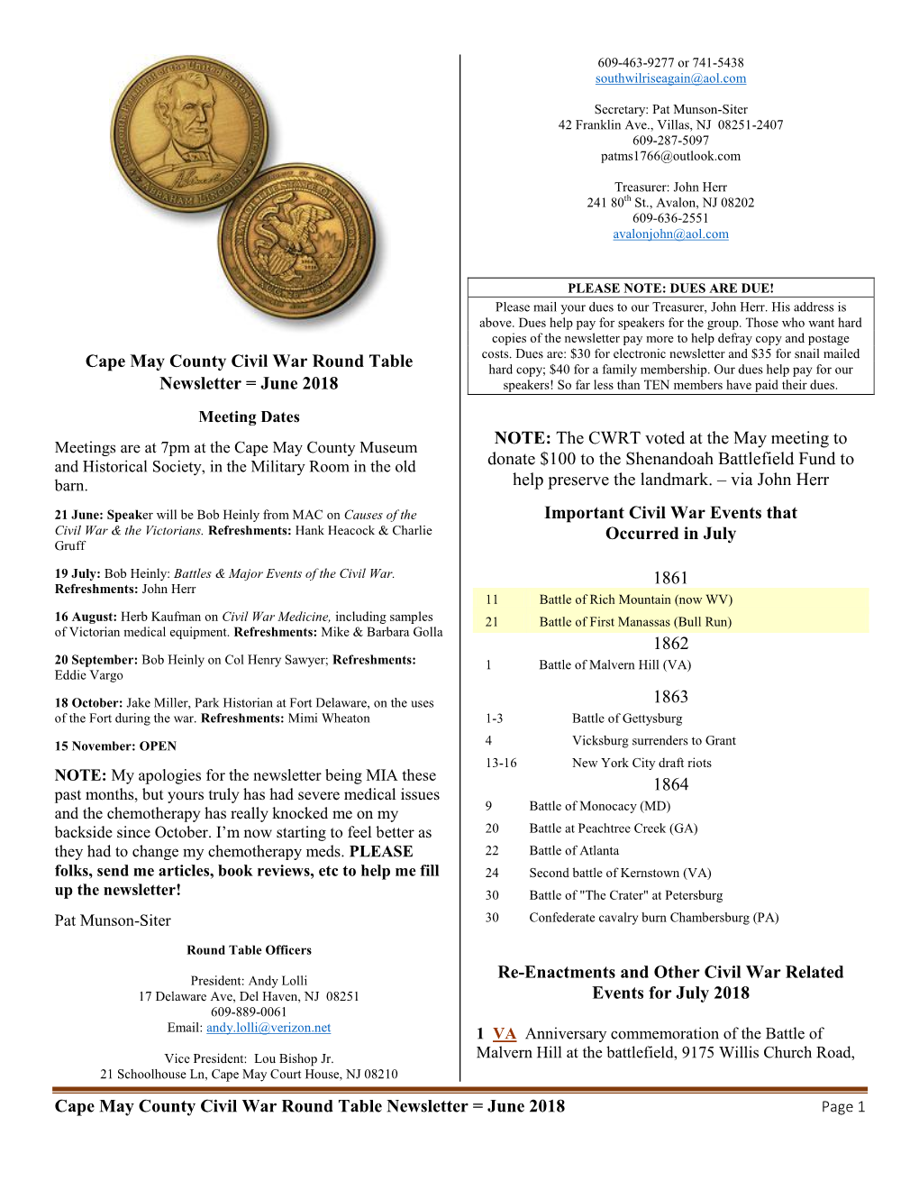 Cape May County Civil War Round Table Newsletter = June 2018 Page 1 Near Richmond