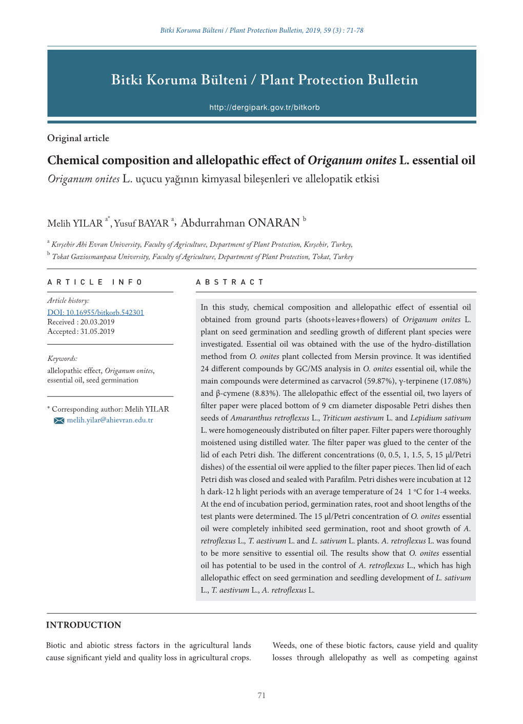 Bitki Koruma Bülteni / Plant Protection Bulletin, 2019, 59 (3) : 71-78