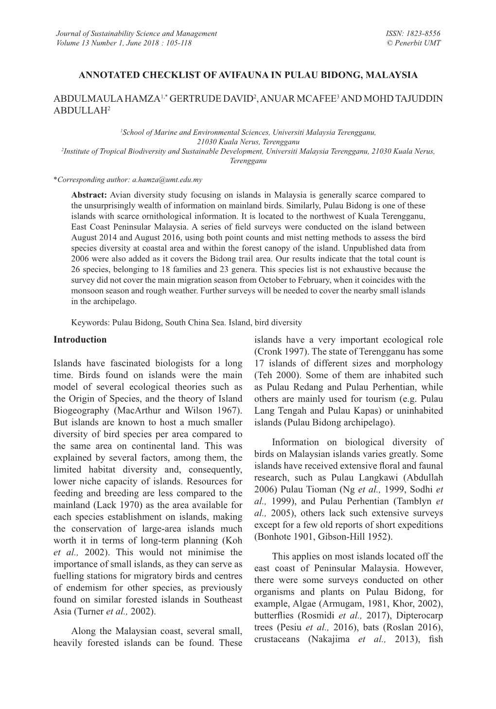 Annotated Checklist of Avifauna in Pulau Bidong, Malaysia