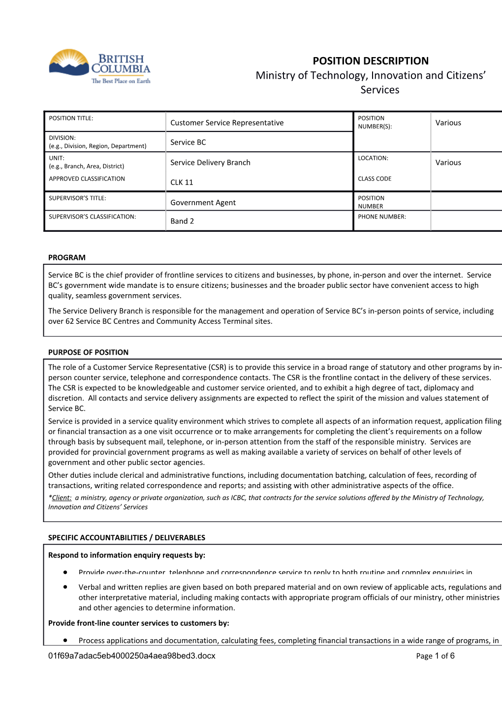 Universal Job Description Template