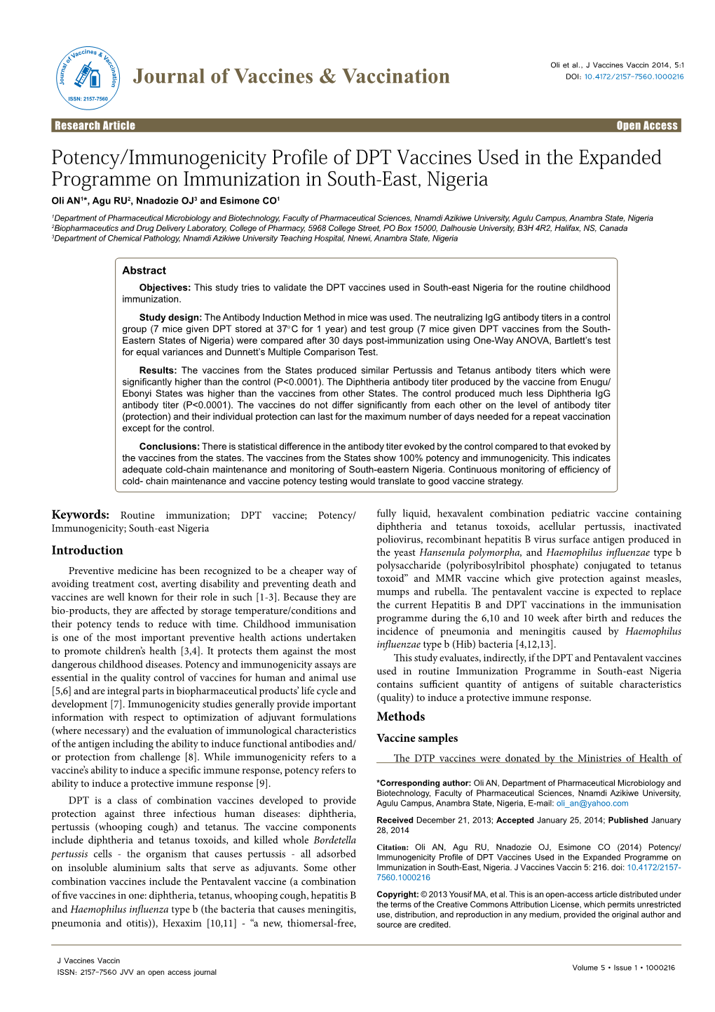 Potency/Immunogenicity Profile of DPT Vaccines Used in The