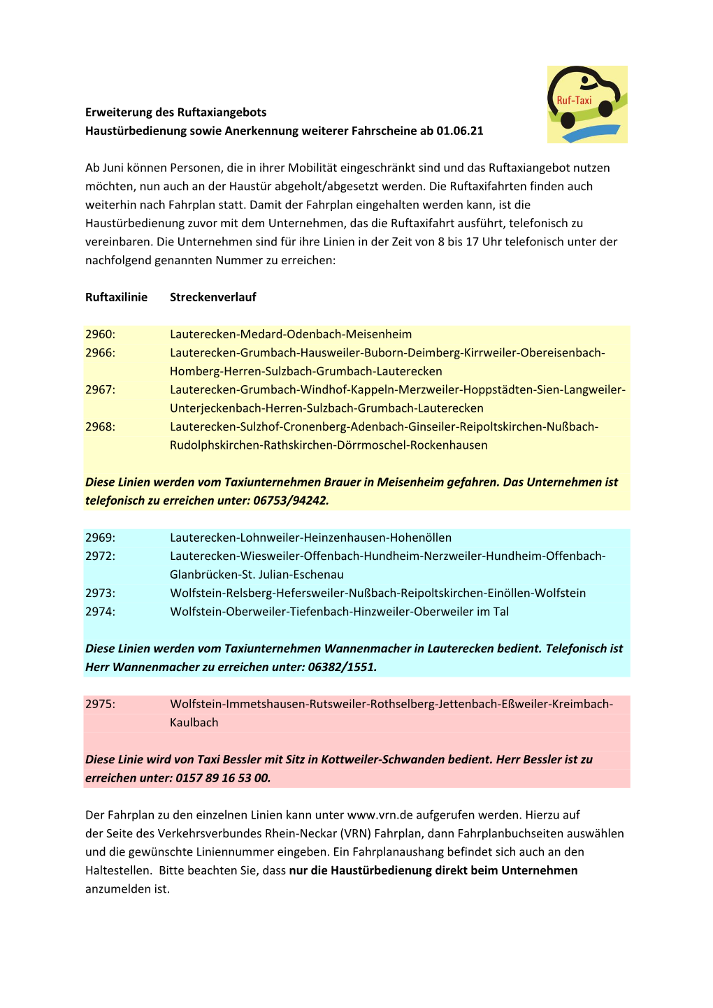 Erweiterung Des Ruftaxiangebots Haustürbedienung Sowie Anerkennung Weiterer Fahrscheine Ab 01.06.21