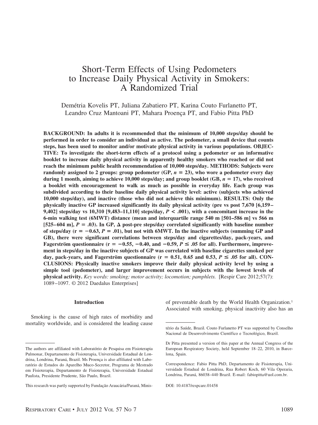 Short-Term Effects of Using Pedometers to Increase Daily Physical Activity in Smokers: a Randomized Trial