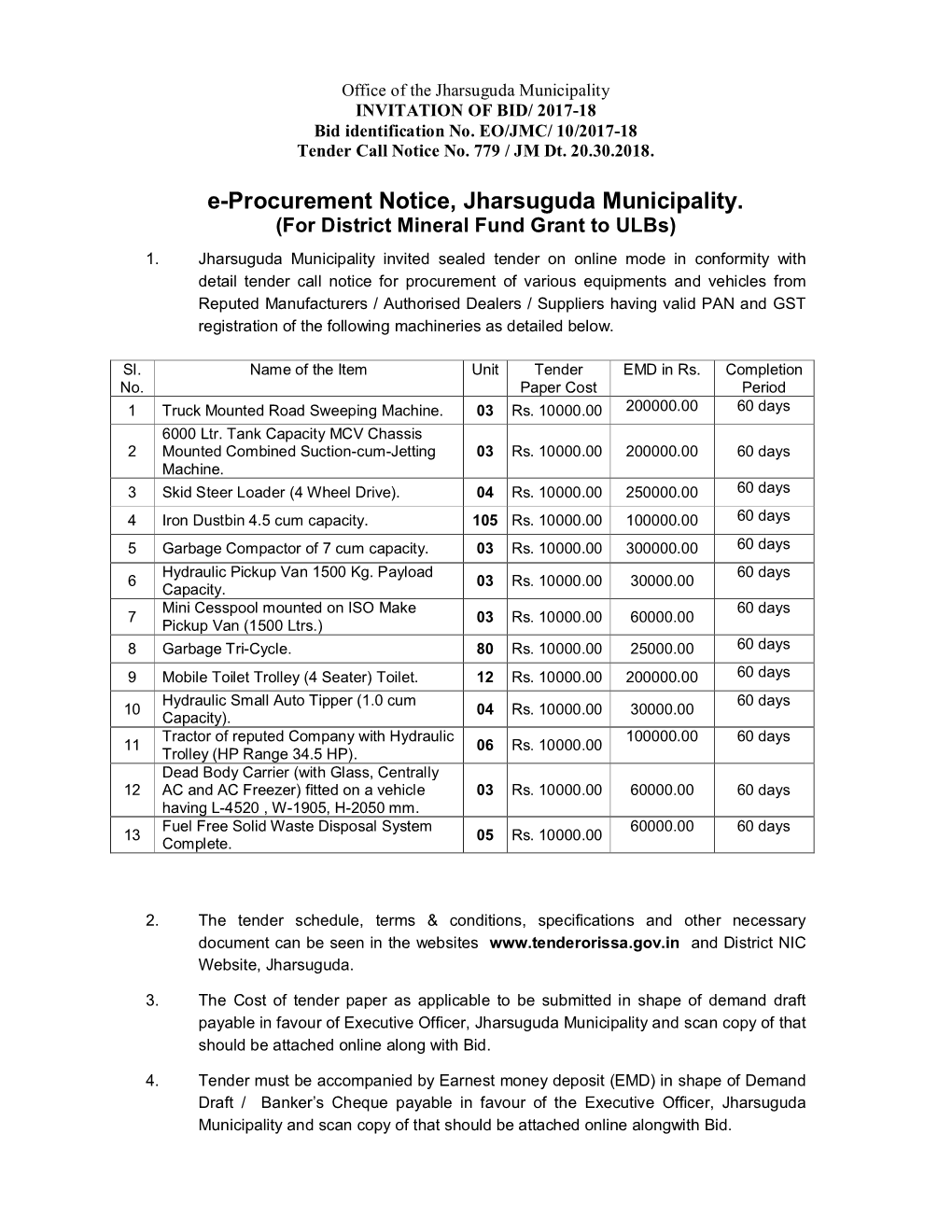 E-Procurement Notice, Jharsuguda Municipality. (For District Mineral Fund Grant to Ulbs) 1
