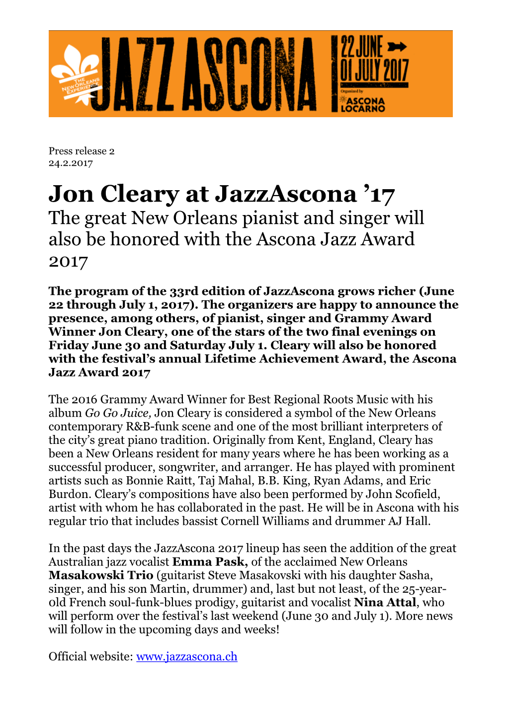 Jon Cleary at Jazzascona ’17 the Great New Orleans Pianist and Singer Will Also Be Honored with the Ascona Jazz Award 2017