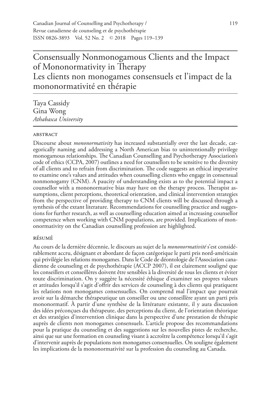 Consensually Nonmonogamous Clients and the Impact of Mononormativity in Therapy Les Clients Non Monogames Consensuels Et L’Impact De La Mononormativité En Thérapie