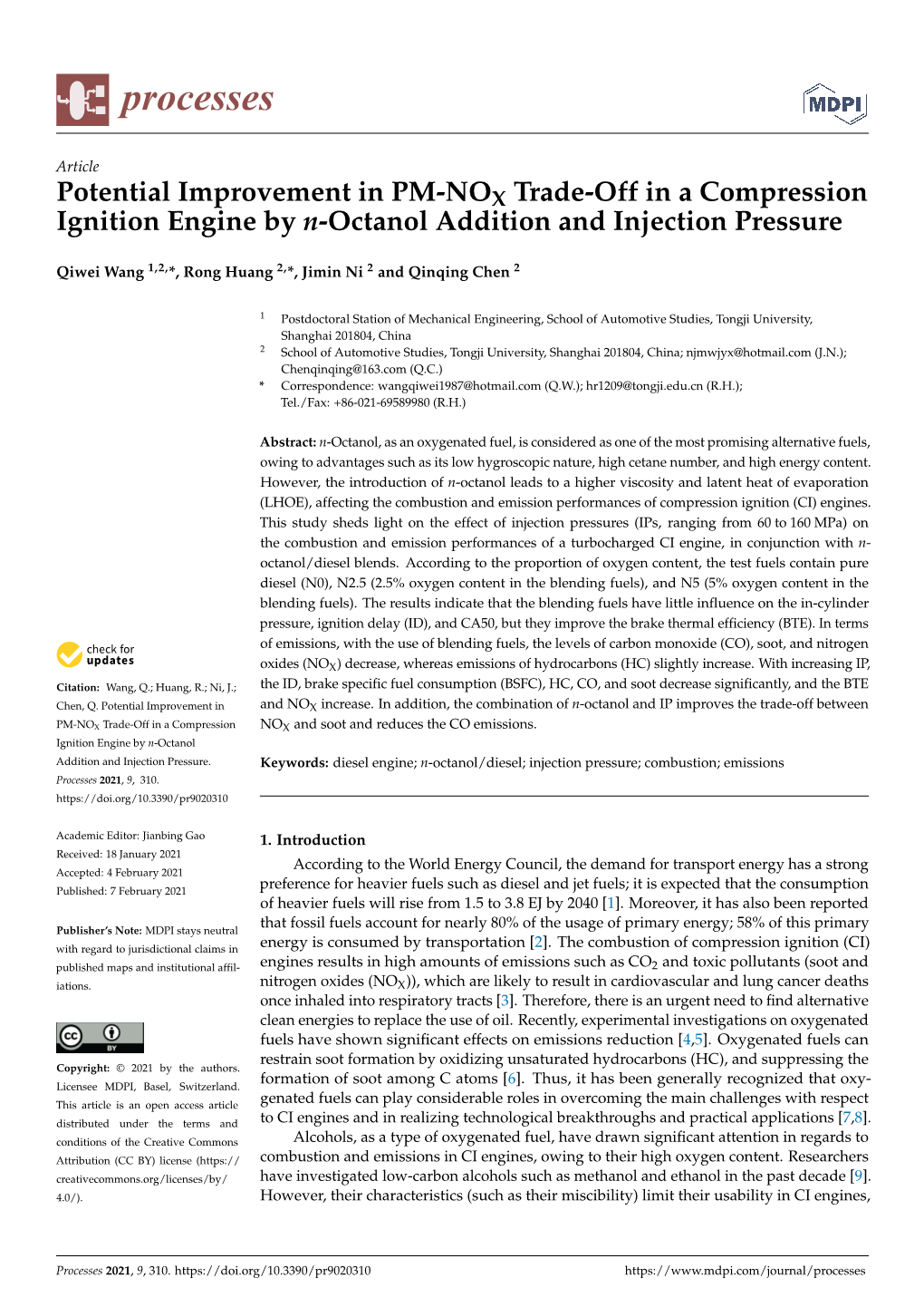 Potential Improvement in PM-NOX Trade-Off in a Compression Ignition Engine by N-Octanol Addition and Injection Pressure