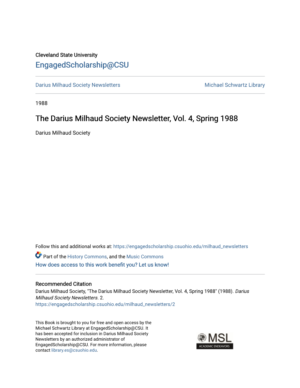 The Darius Milhaud Society Newsletter, Vol. 4, Spring 1988