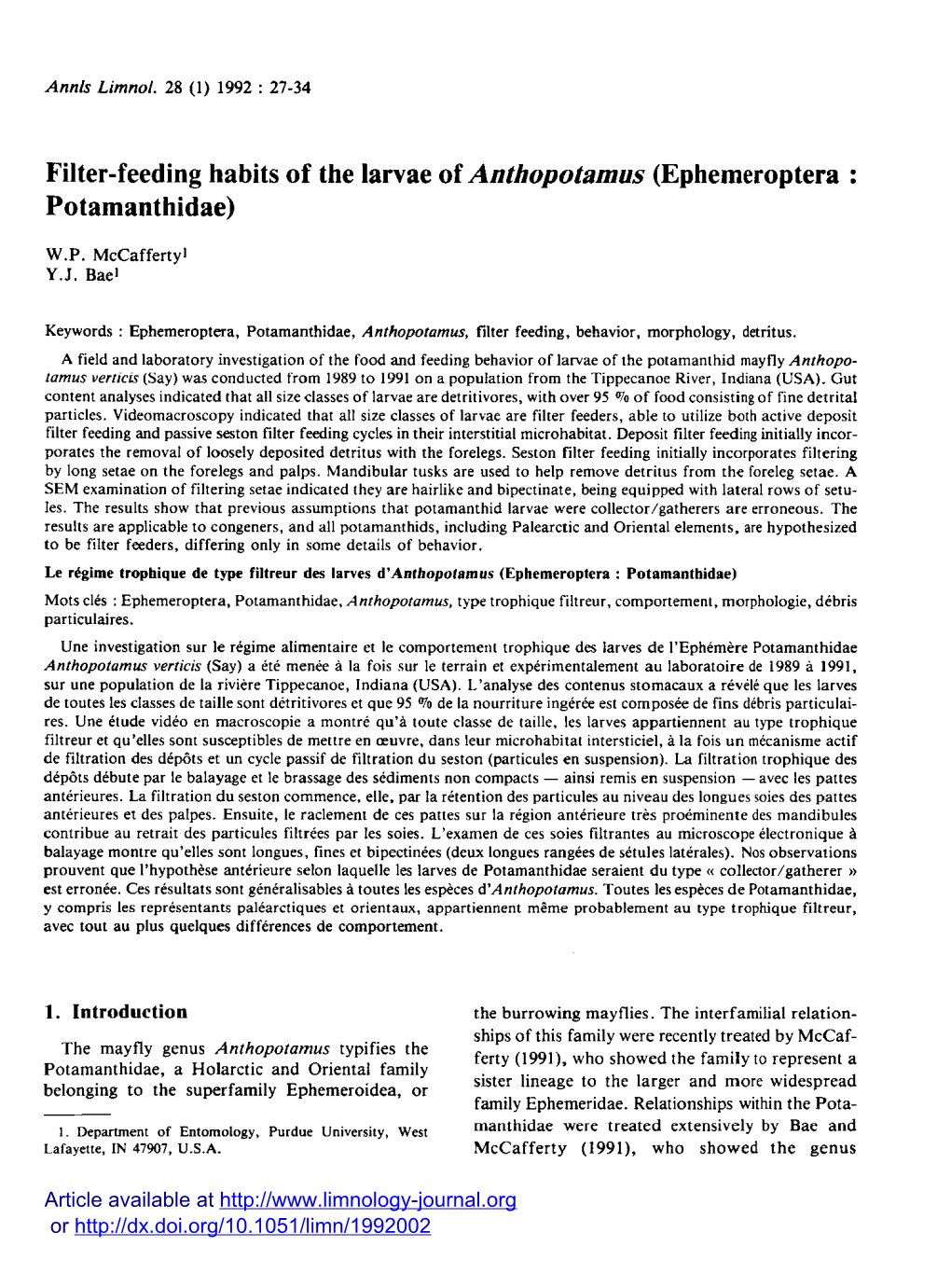 Filter-Feeding Habits of the Larvae of Anthopotamus \(Ephemeroptera