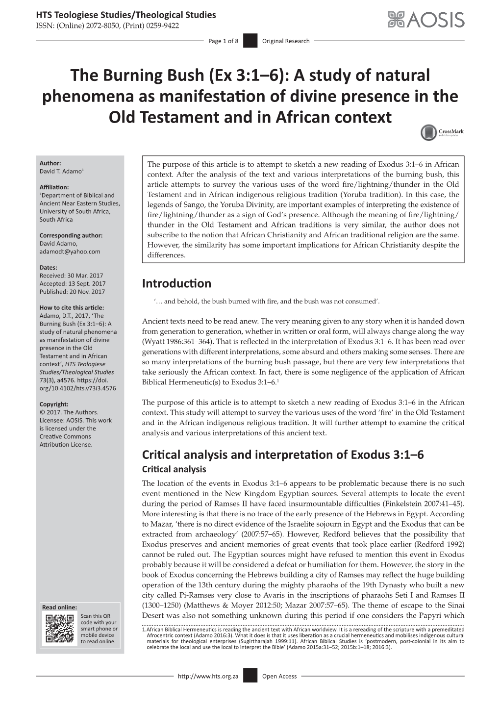 The Burning Bush (Ex 3:1–6): a Study of Natural Phenomena As Manifestation of Divine Presence in the Old Testament and in African Context