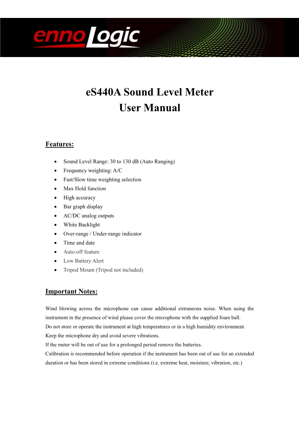 Ennologic Es440s Sound Level Meter User Manual