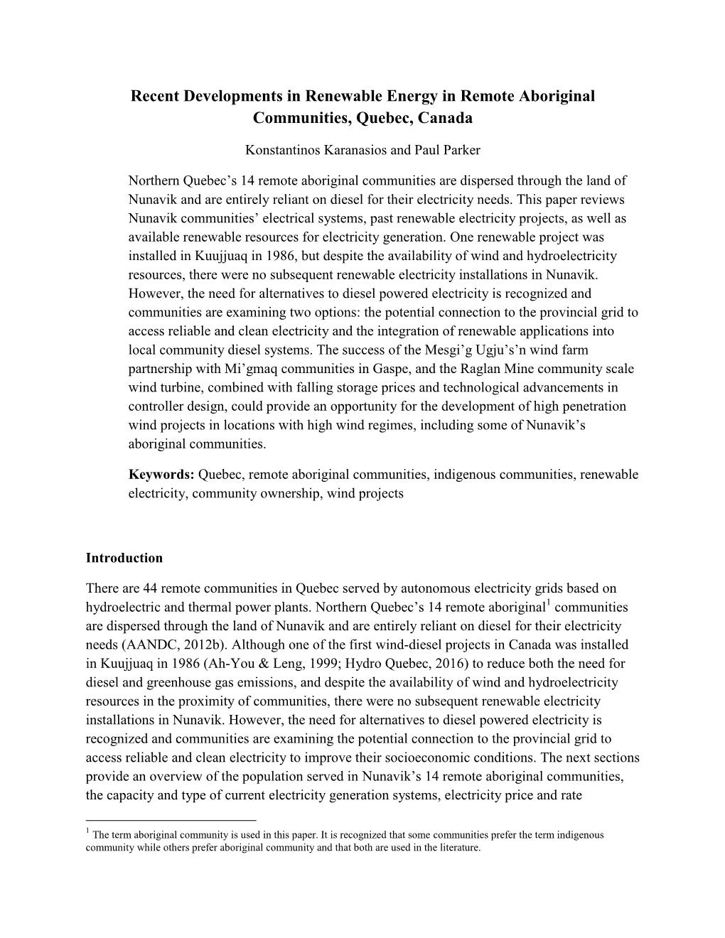 Recent Developments in Renewable Energy in Remote Aboriginal Communities, Quebec, Canada