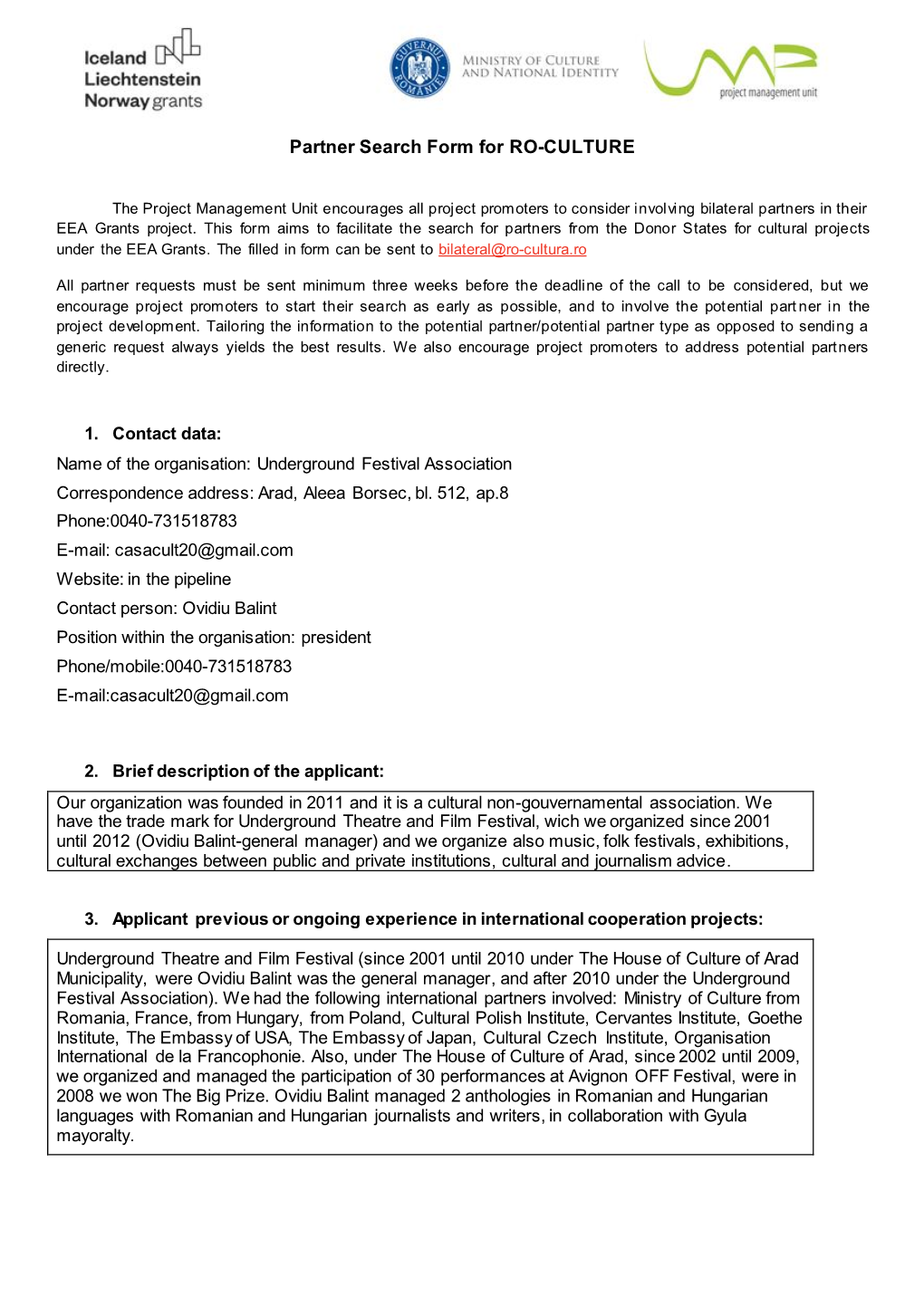 Partner Search Form for RO-CULTURE