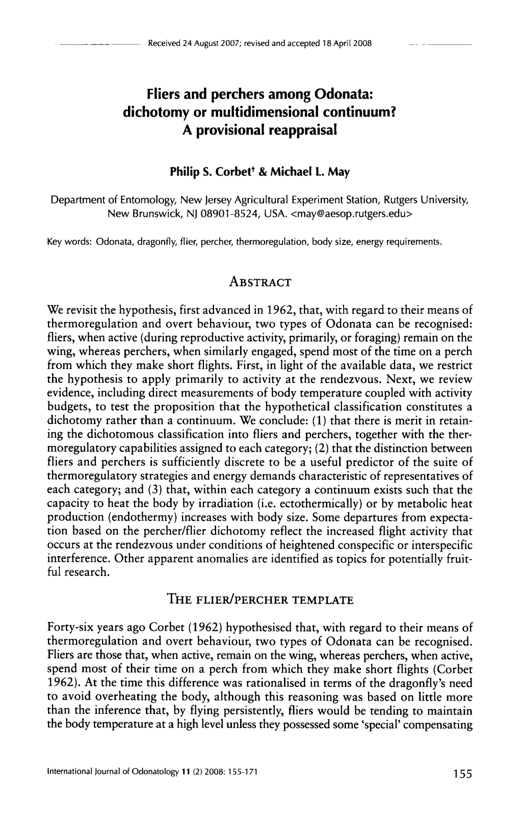 Fliers and Perchers Among Odonata: Dichotomy Or Multidimensional Continuum? a Provisional Reappraisal