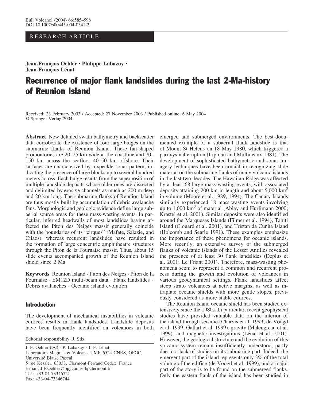 Recurrence of Major Flank Landslides During the Last 2-Ma-History of Reunion Island