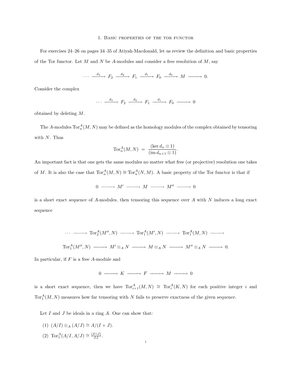 1. Basic Properties of the Tor Functor for Exercises 24–26 on Pages 34