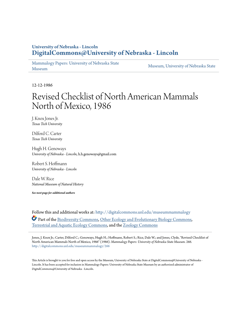 Revised Checklist of North American Mammals North of Mexico, 1986 J