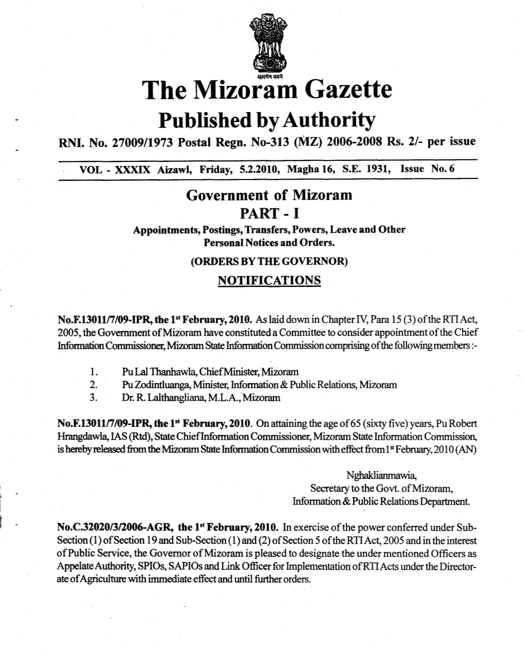 The Mizoram Gazette Published by Authority