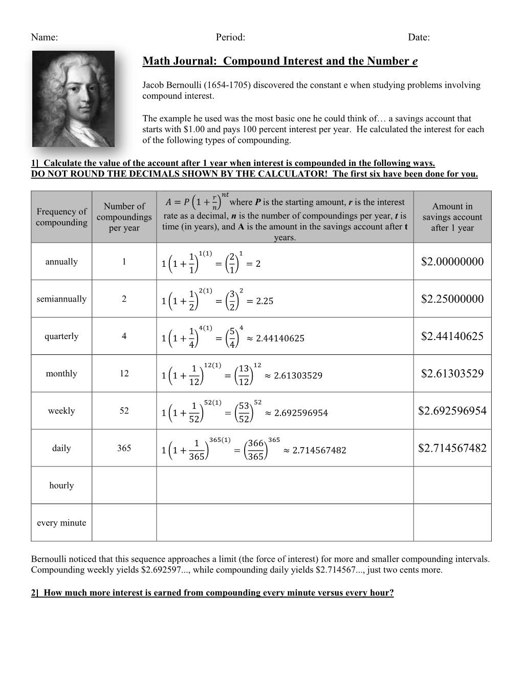 Math Journal: Compound Interest & the Number E