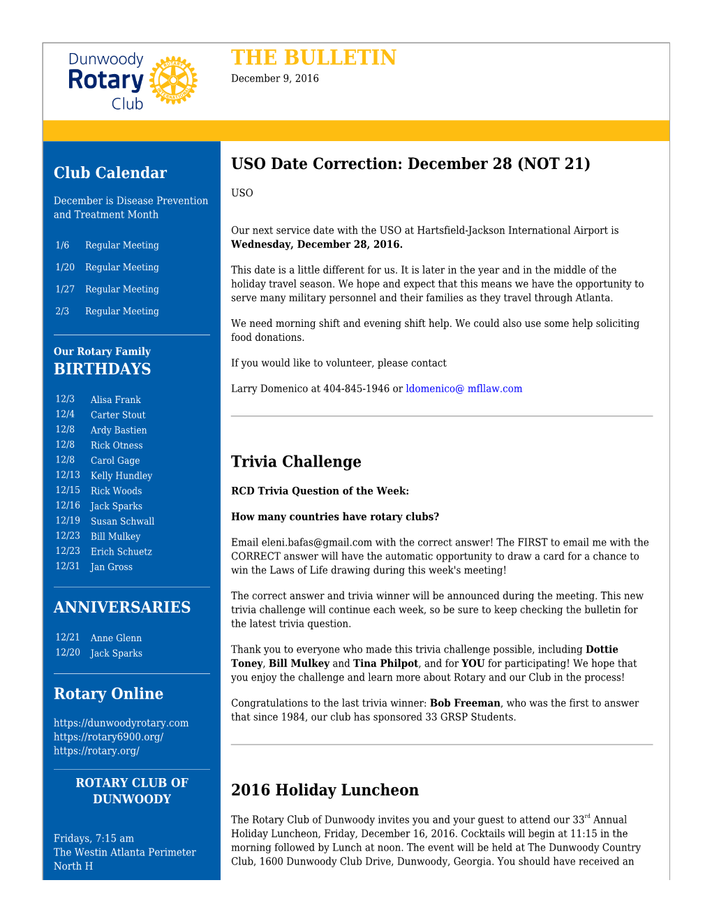 THE BULLETIN December 9, 2016