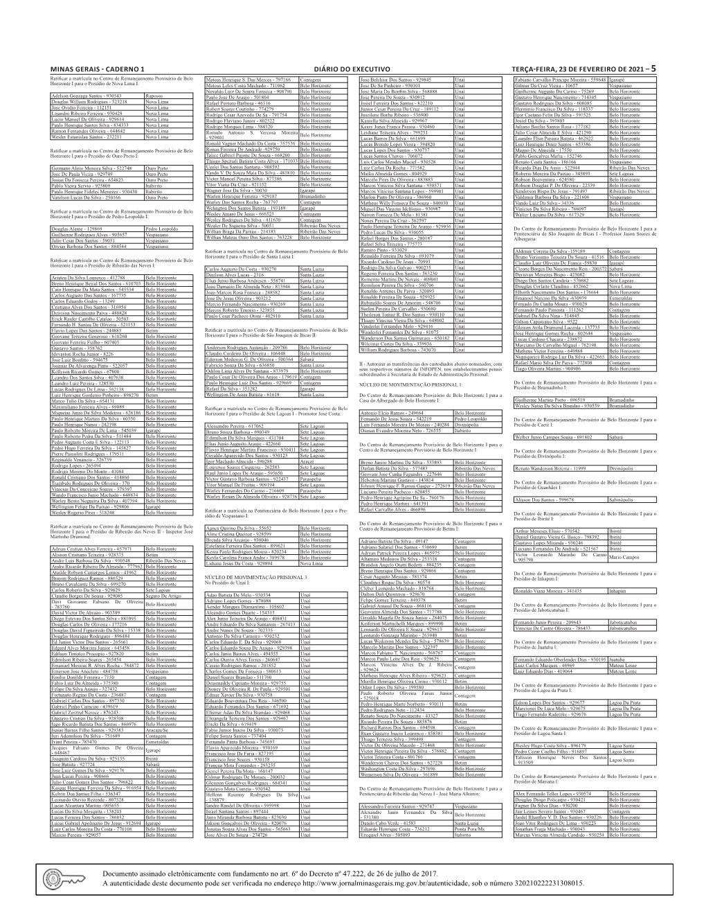 Caderno 1 Diário Do Executivo Terça-Feira, 23 De Fevereiro De 2021 – 5 Ratificar a Matrícula No Centro De Remanejamento Provisório De Belo Mateus Henrique S