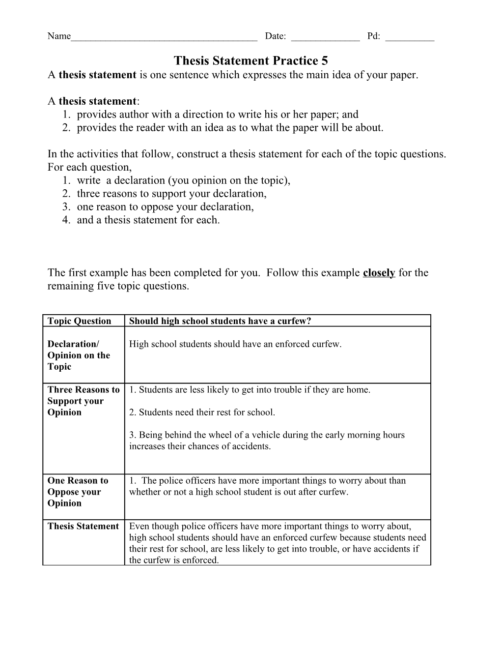 Thesis Statement Practice