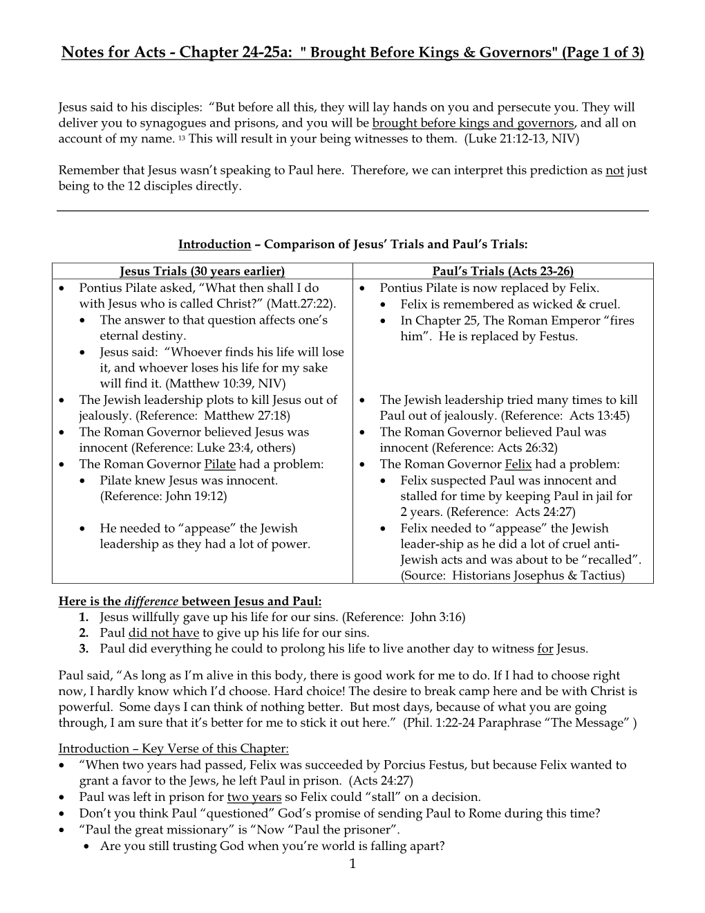 Notes for Acts - Chapter 24-25A: " Brought Before Kings & Governors" (Page 1 of 3)