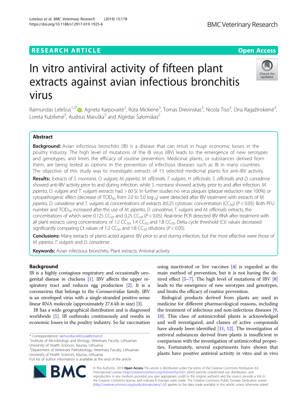 In Vitro Antiviral Activity of Fifteen Plant Extracts Against Avian Infectious