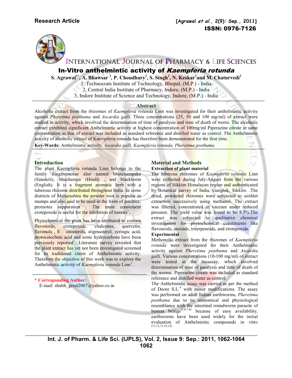 In-Vitro Anthelmintic Activity of Kaempferia Rotunda S