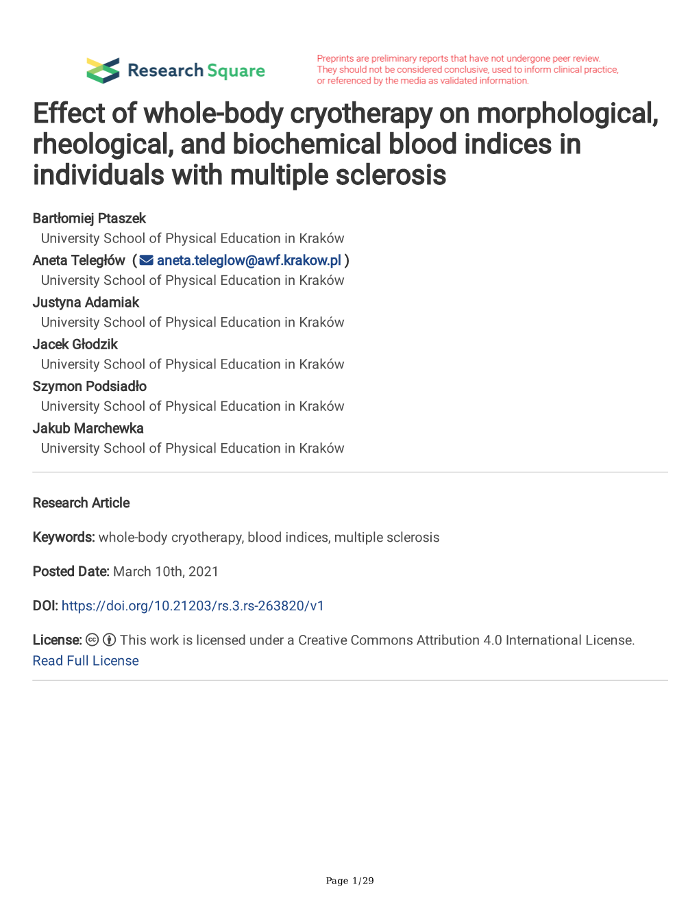 Effect of Whole-Body Cryotherapy on Morphological, Rheological, and Biochemical Blood Indices in Individuals with Multiple Sclerosis