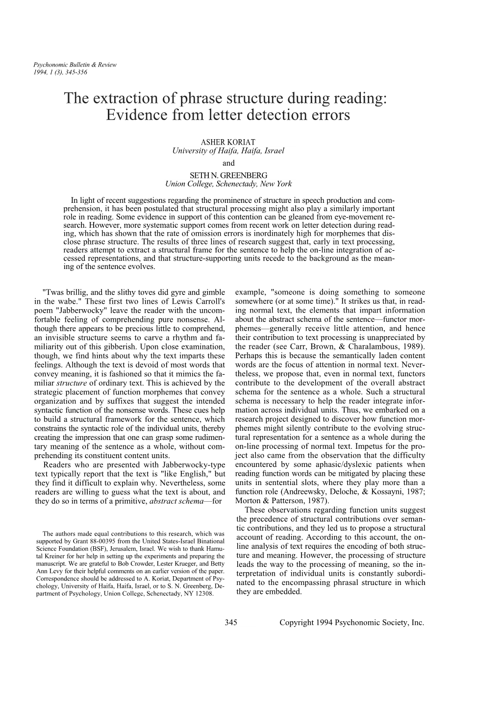 The Extraction of Phrase Structure During Reading: Evidence from Letter Detection Errors