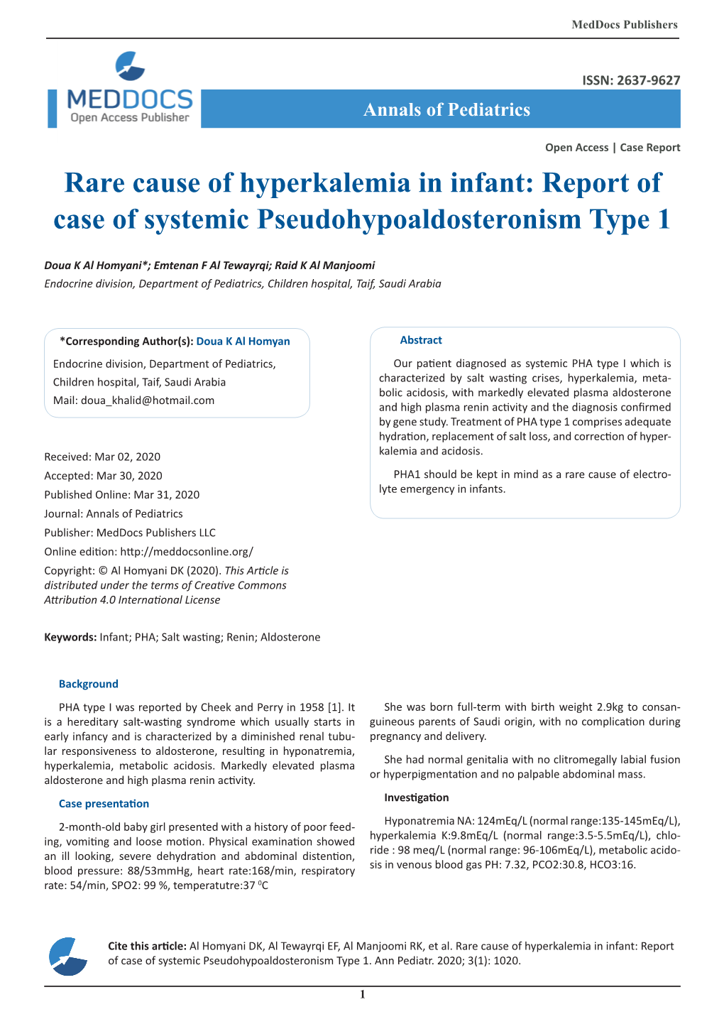 Rare Cause of Hyperkalemia in Infant: Report of Case of Systemic Pseudohypoaldosteronism Type 1