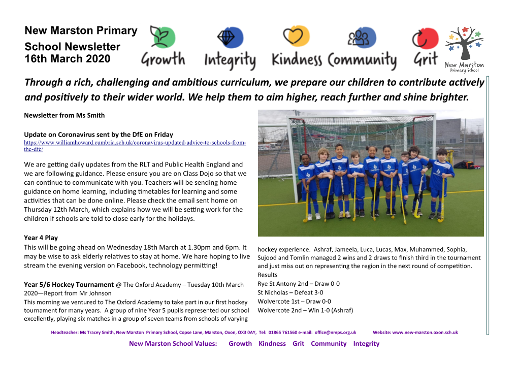 New Marston Primary School Newsletter 16Th March 2020