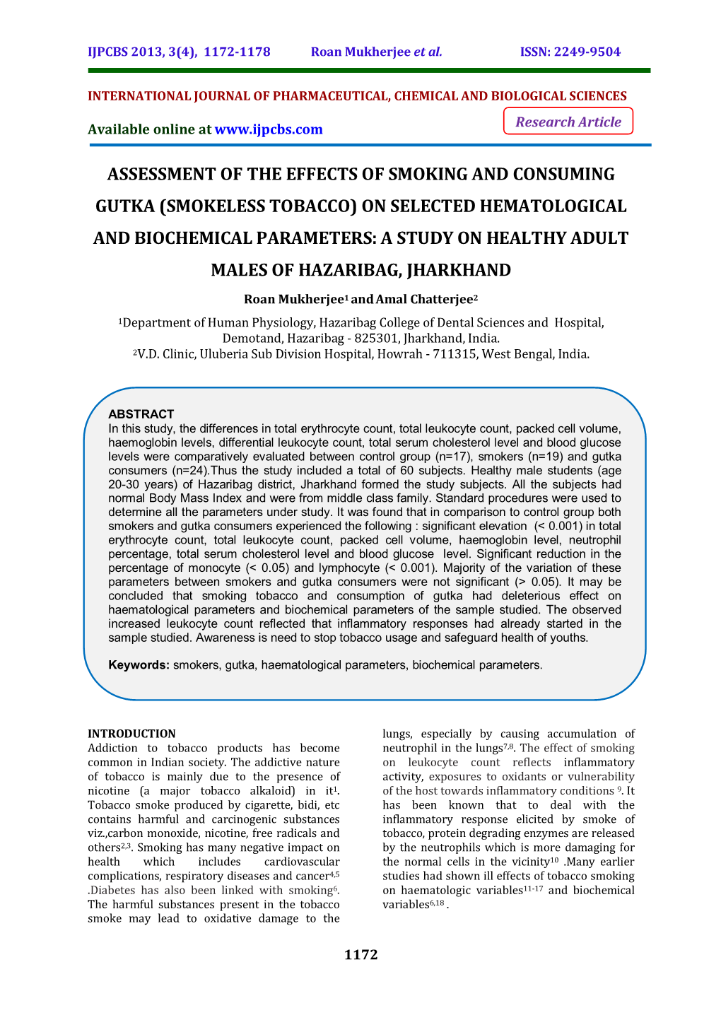 (Smokeless Tobacco) on Selected Hematological and Biochemical Parameters: a Study on Healthy Adult Males of Hazaribag, Jharkhand