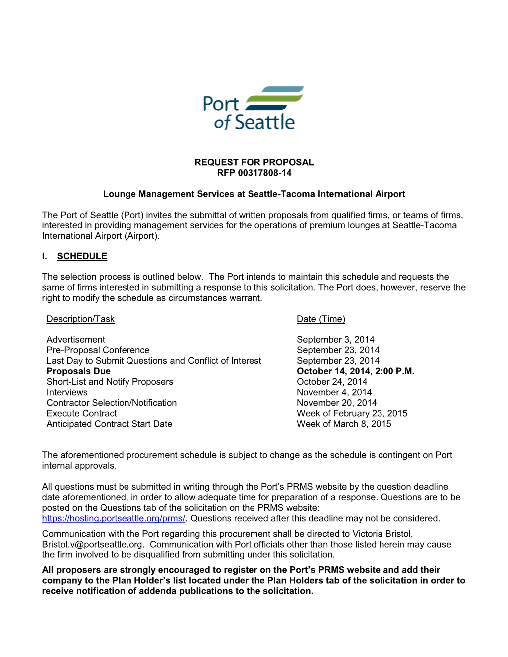 REQUEST for PROPOSAL RFP 00317808-14 Lounge Management